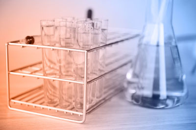 Close-up of chemical in laboratory glassware on table