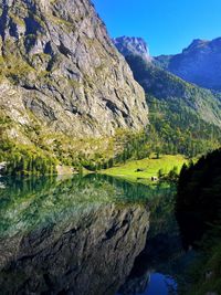 Scenic view of river amidst mountains against sky