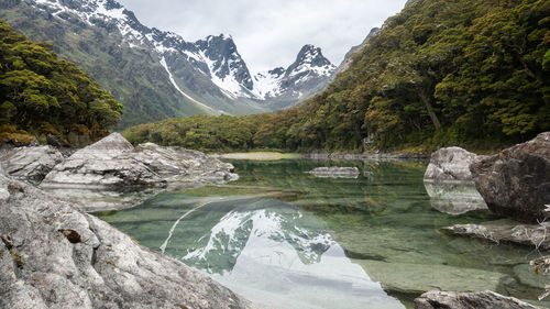 Scenic view of river and mountains against sky