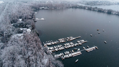 High angle view of boats in sea