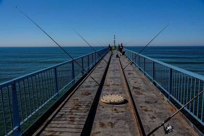 Man on railing by sea against clear sky