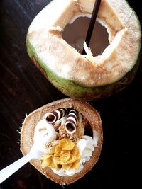 High angle view of dessert on table