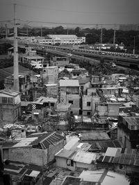 Aerial view of town against clear sky