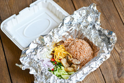 High angle view of food in bowl on table