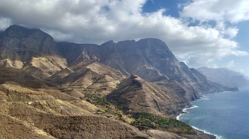 Scenic view of sea and mountains against sky