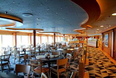 Empty chairs and tables in restaurant