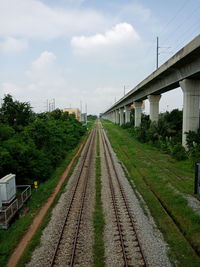 Railway tracks along plants and bridge against sky