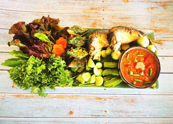 High angle view of fruits on table