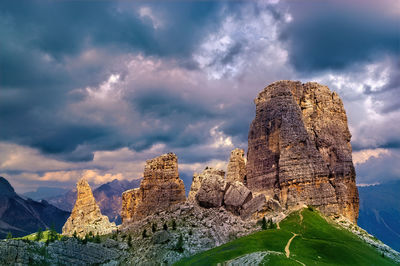 Rock formation on mountain against cloudy sky