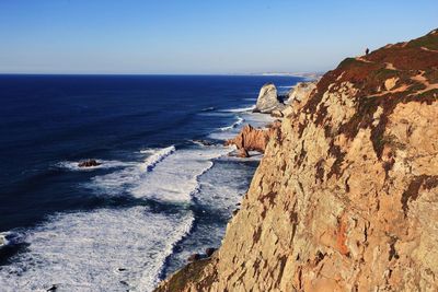 Scenic view of sea against clear blue sky