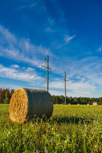 Hay bales on field against sky