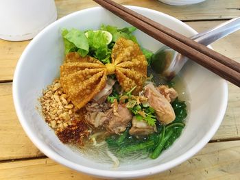 High angle view of food in bowl on table