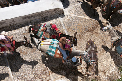 High angle view of people sitting on ground