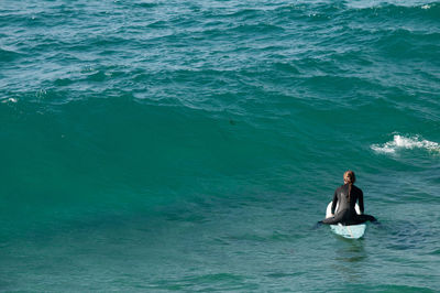 High angle view of man in sea