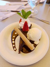 High angle view of ice cream in plate on table