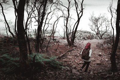 Woman walking amidst bare trees in forest