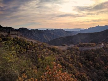 Scenic view of mountains against sky during sunset