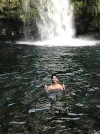 High angle view of man swimming in water