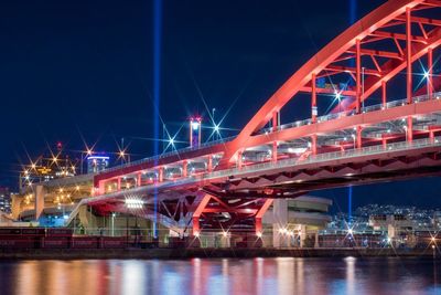 Illuminated kobe ohashi bridge over river at night