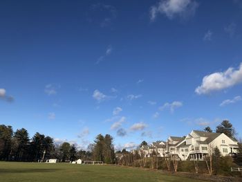 Trees and houses on field against sky