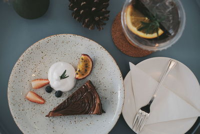 High angle view of dessert in plate on table