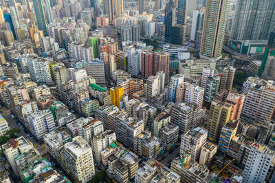 High angle view of modern buildings in city