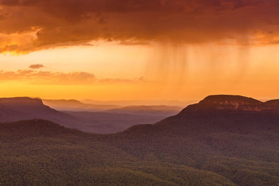 Scenic view of mountains against sky during sunset