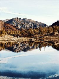 Scenic view of lake and mountains against sky