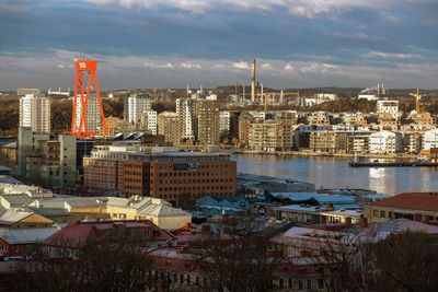 Goteborg industrial harbor city panorama at sunset, sweden, gothenburg