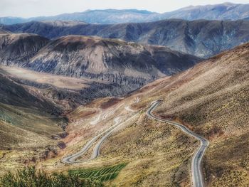 Aerial view of mountain road curve route scenic landscape in jujuy argentina 