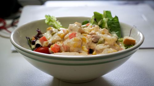 Close-up of salad in bowl on table