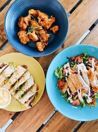 High angle view of food served on table