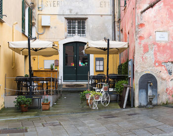 Bicycle parked on street by building