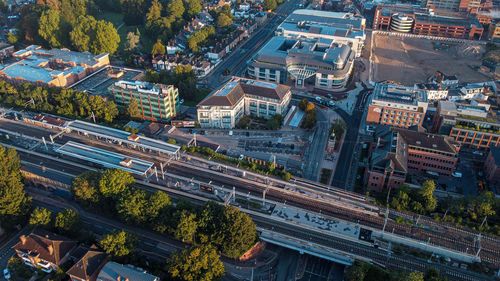 High angle view of train in city