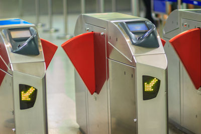 Close-up of turnstiles at subway station