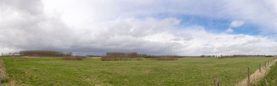 Panoramic shot of hay bales on field against sky