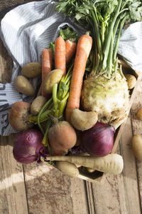 High angle view of vegetables on table