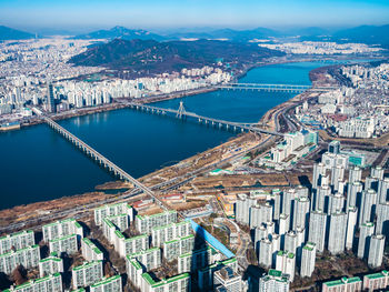 High angle view of city at waterfront