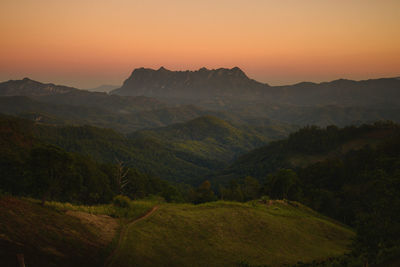 Scenic view of mountains against sky during sunset at chaingdao mountain, thailand