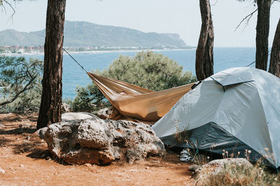 Tent vacationing relaxing traveler on the seashore. man napping in a hammock and a pet dog. camping