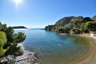 Scenic view of sea against clear blue sky