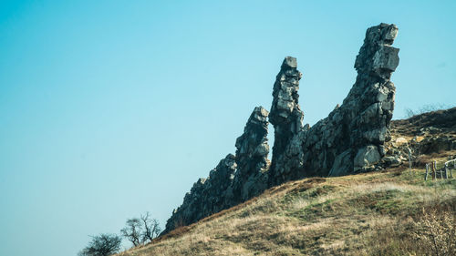 Low angle view of rocks against clear blue sky