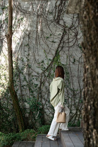 Rear view of woman standing by tree in forest