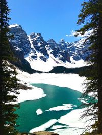 Scenic view of snowcapped mountains and lake against clear blue sky