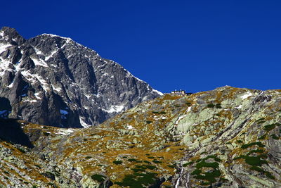 Low angle view of mountain against clear blue sky