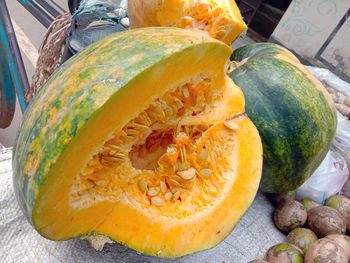 High angle view of pumpkin on table at market