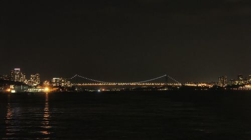 Illuminated city by river against sky at night