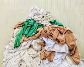 High angle view of clothes on wall