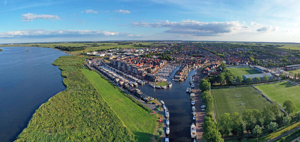 Aerial panorama from the traditional village spakenburg in the netherlands