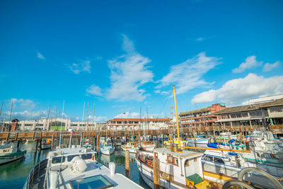 View of harbor in city